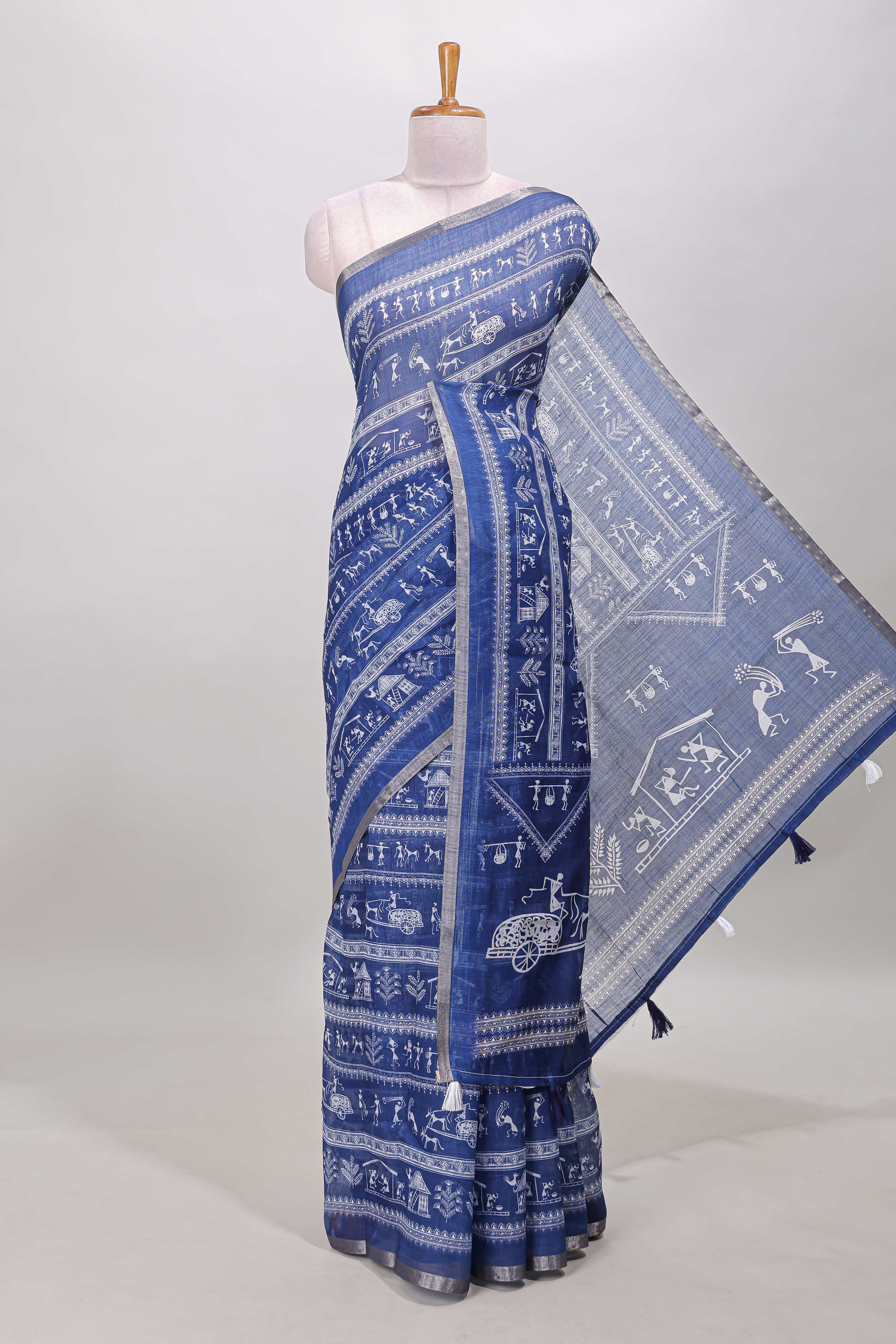 Royal blue warli print linen cotton saree