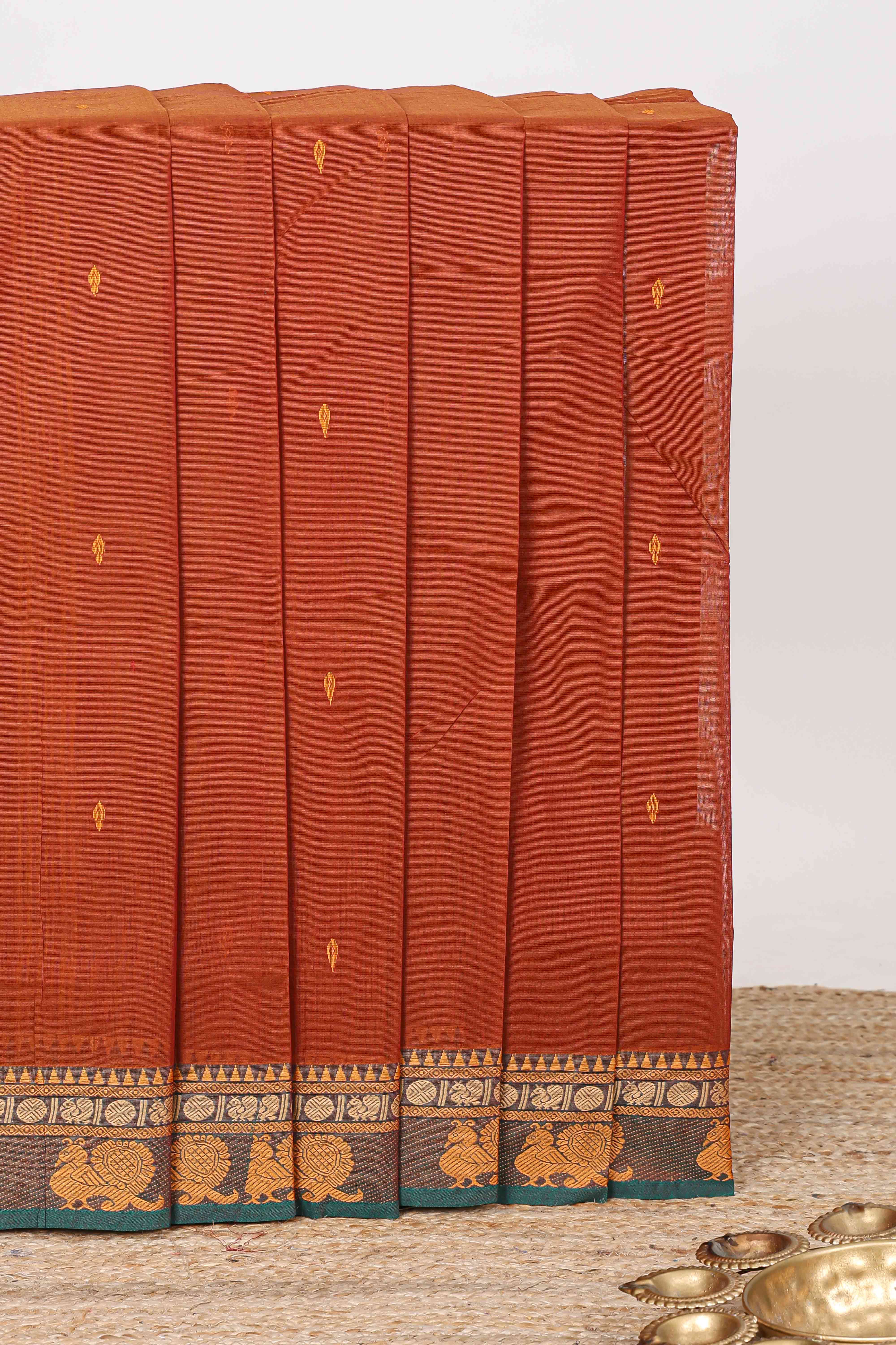 Rust Orange zari butta chettinad cotton saree