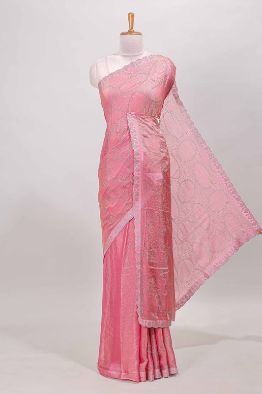 Pink stone work geometric design semi chiffon saree with self scallop border and matching blouse