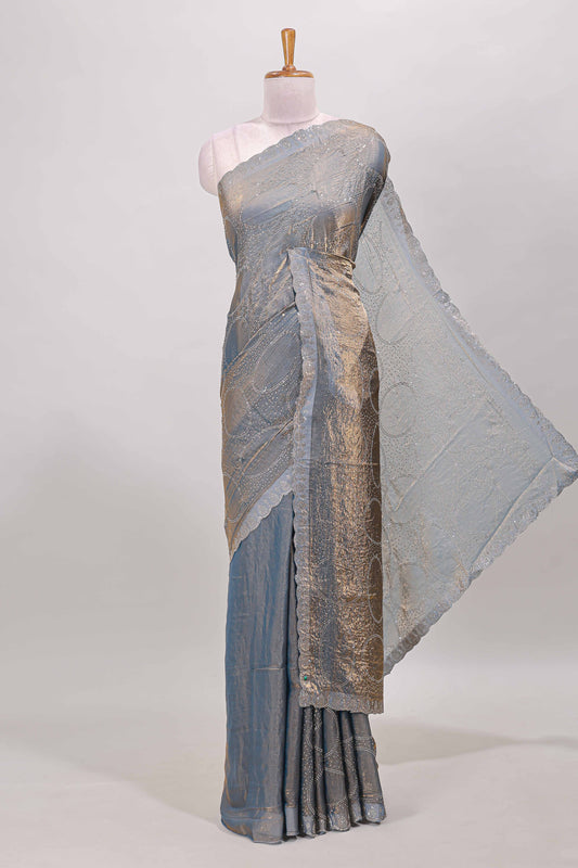 Grey stone work geometric design semi chiffon saree with self scallop border and matching blouse