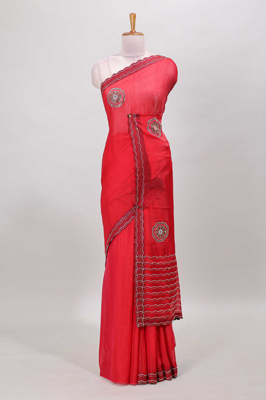 Red floral stone work motifs semi chiffon saree with self scallop border and matching blouse