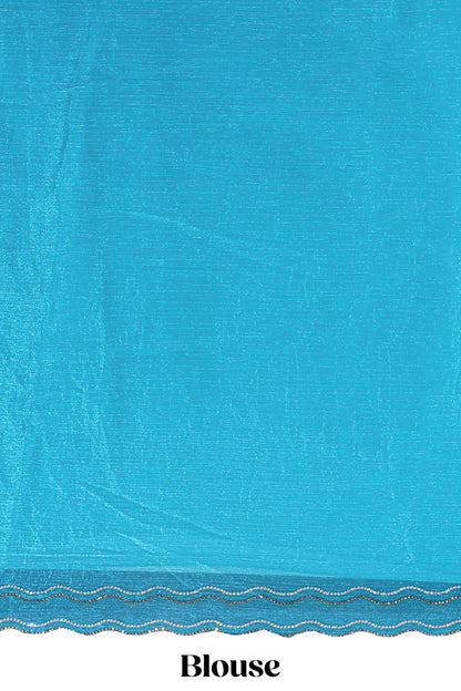 Blue floral stone work motifs semi chiffon saree with self scallop border and matching blouse