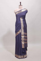 Navy blue checked semi banaras chiffon saree with self zari border and contrast blouse