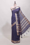 Navy blue checked semi banaras chiffon saree with self zari border and contrast blouse