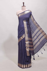 Navy blue checked semi banaras chiffon saree with self zari border and contrast blouse