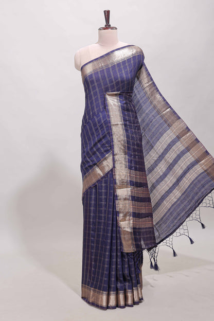 Navy blue checked semi banaras chiffon saree with self zari border and contrast blouse