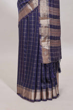 Navy blue checked semi banaras chiffon saree with self zari border and contrast blouse