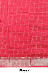 Navy blue checked semi banaras chiffon saree with self zari border and contrast blouse