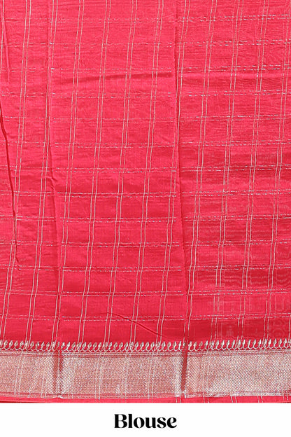 Navy blue checked semi banaras chiffon saree with self zari border and contrast blouse