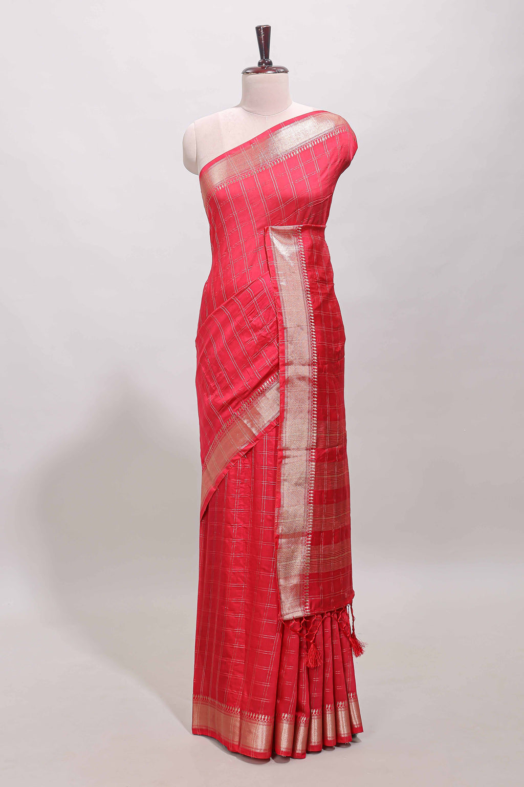 Pink checked semi banaras chiffon saree with self zari border and contrast blouse