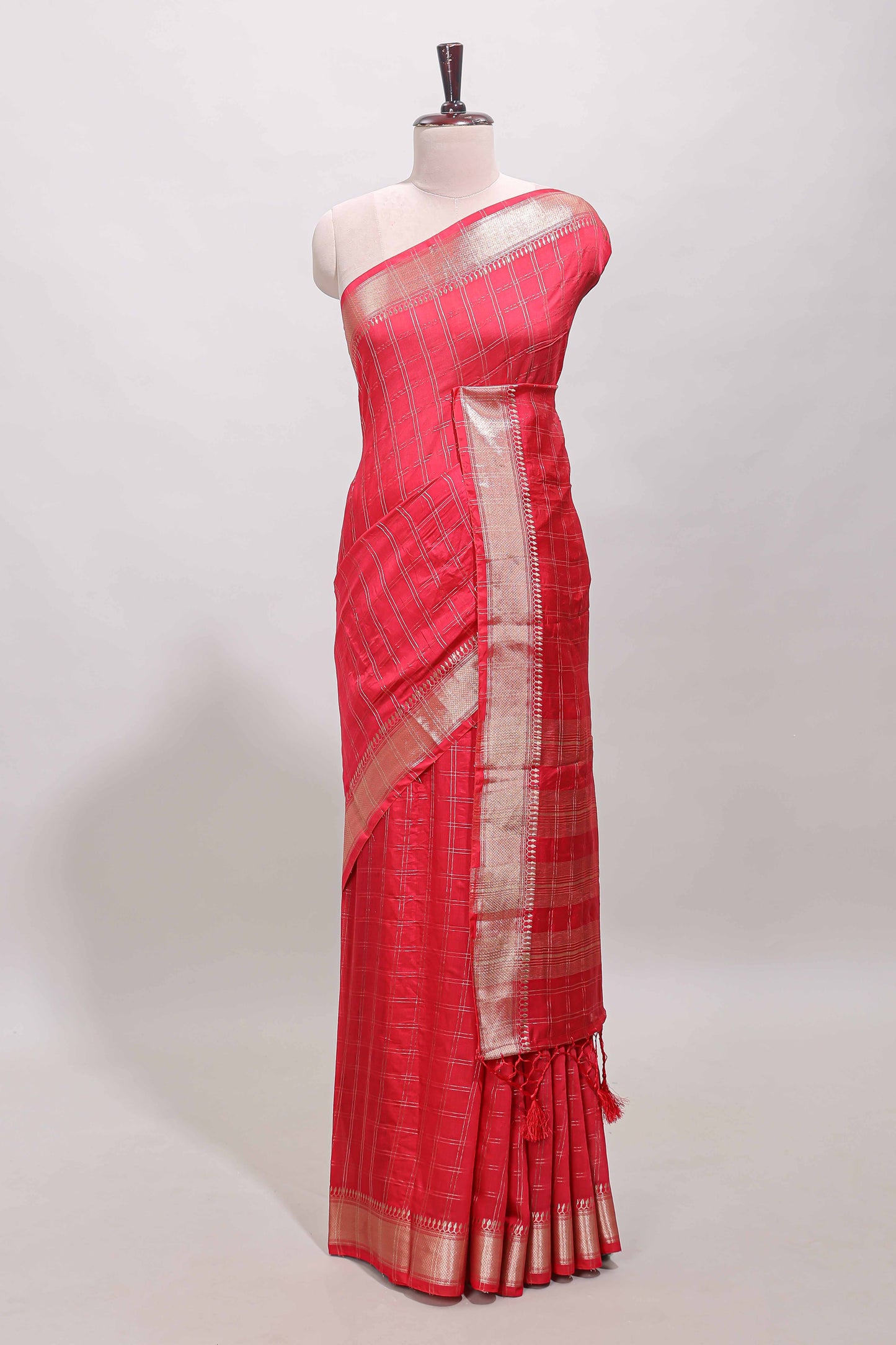 Pink checked semi banaras chiffon saree with self zari border and contrast blouse
