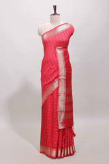Pink checked semi banaras chiffon saree with self zari border and contrast blouse