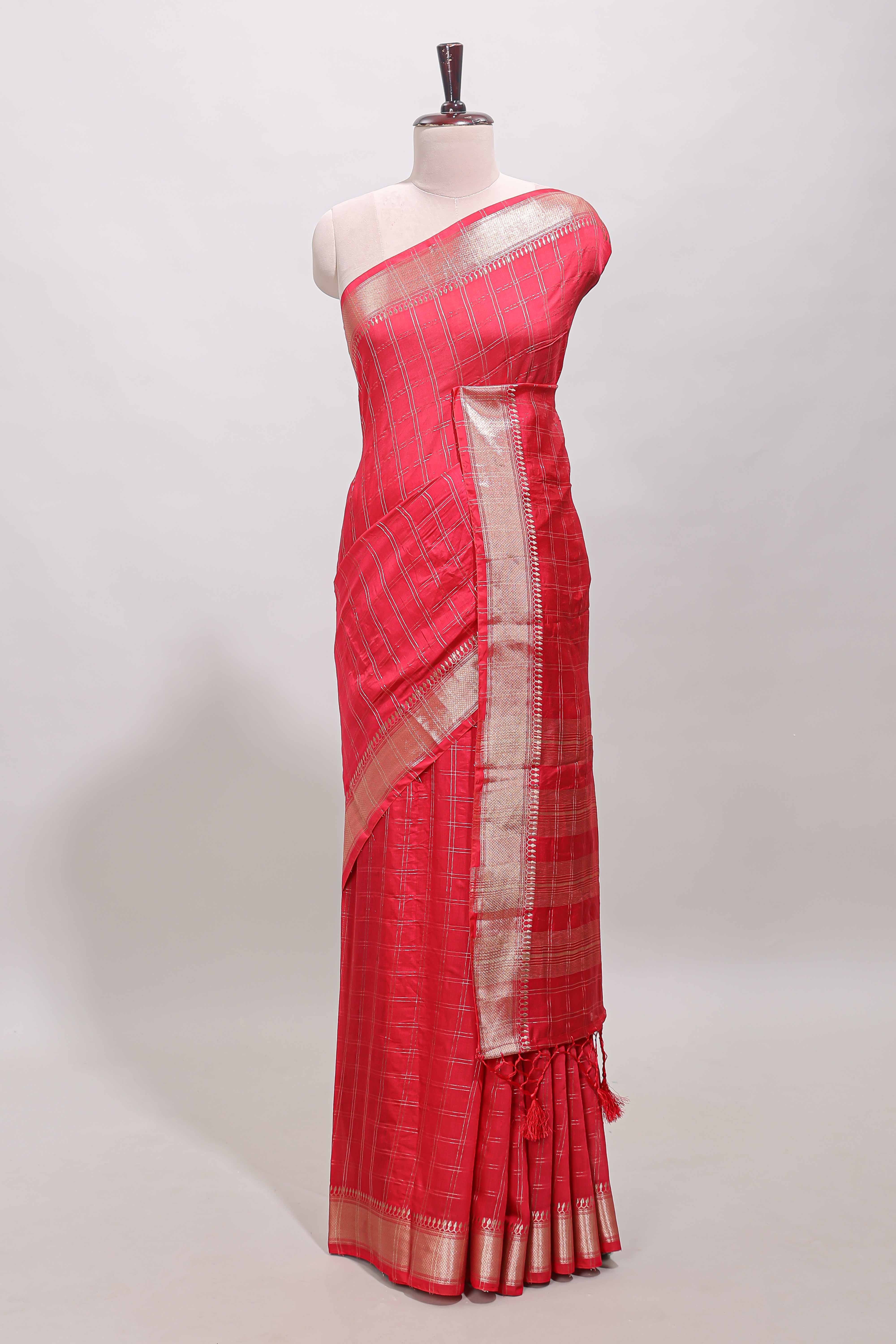 Pink checked semi banaras chiffon saree with self zari border and contrast blouse