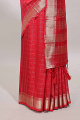 Pink checked semi banaras chiffon saree with self zari border and contrast blouse