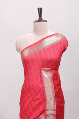 Pink checked semi banaras chiffon saree with self zari border and contrast blouse
