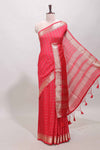 Pink checked semi banaras chiffon saree with self zari border and contrast blouse