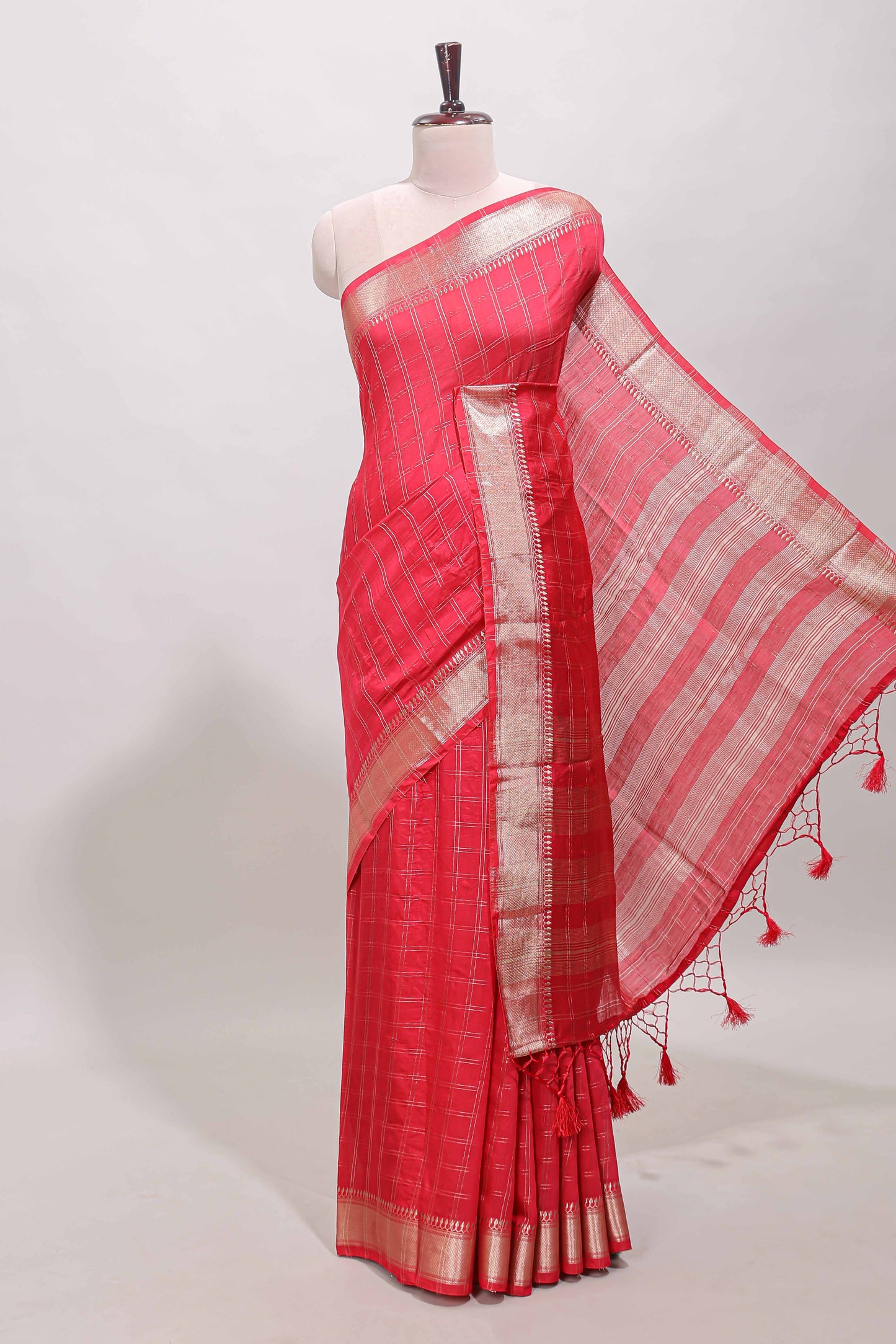 Pink checked semi banaras chiffon saree with self zari border and contrast blouse
