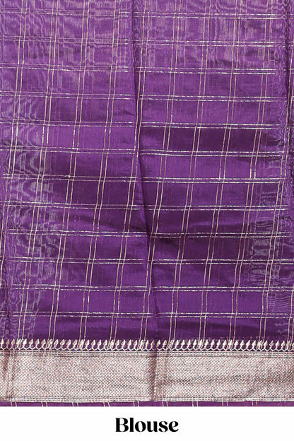 Pink checked semi banaras chiffon saree with self zari border and contrast blouse