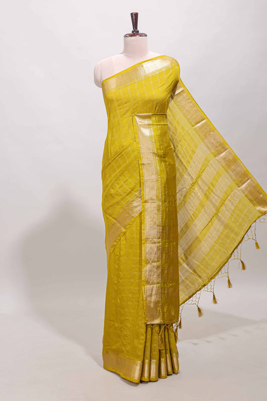 Lemon yellow checked semi banaras chiffon saree with self zari border and contrast blouse