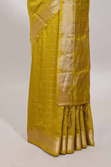 Lemon yellow checked semi banaras chiffon saree with self zari border and contrast blouse
