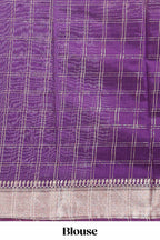 Lemon yellow checked semi banaras chiffon saree with self zari border and contrast blouse