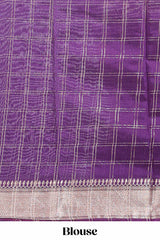 Lemon yellow checked semi banaras chiffon saree with self zari border and contrast blouse