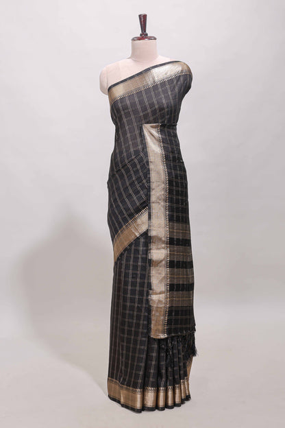 Black checked semi banaras chiffon saree with self zari border and contrast blouse
