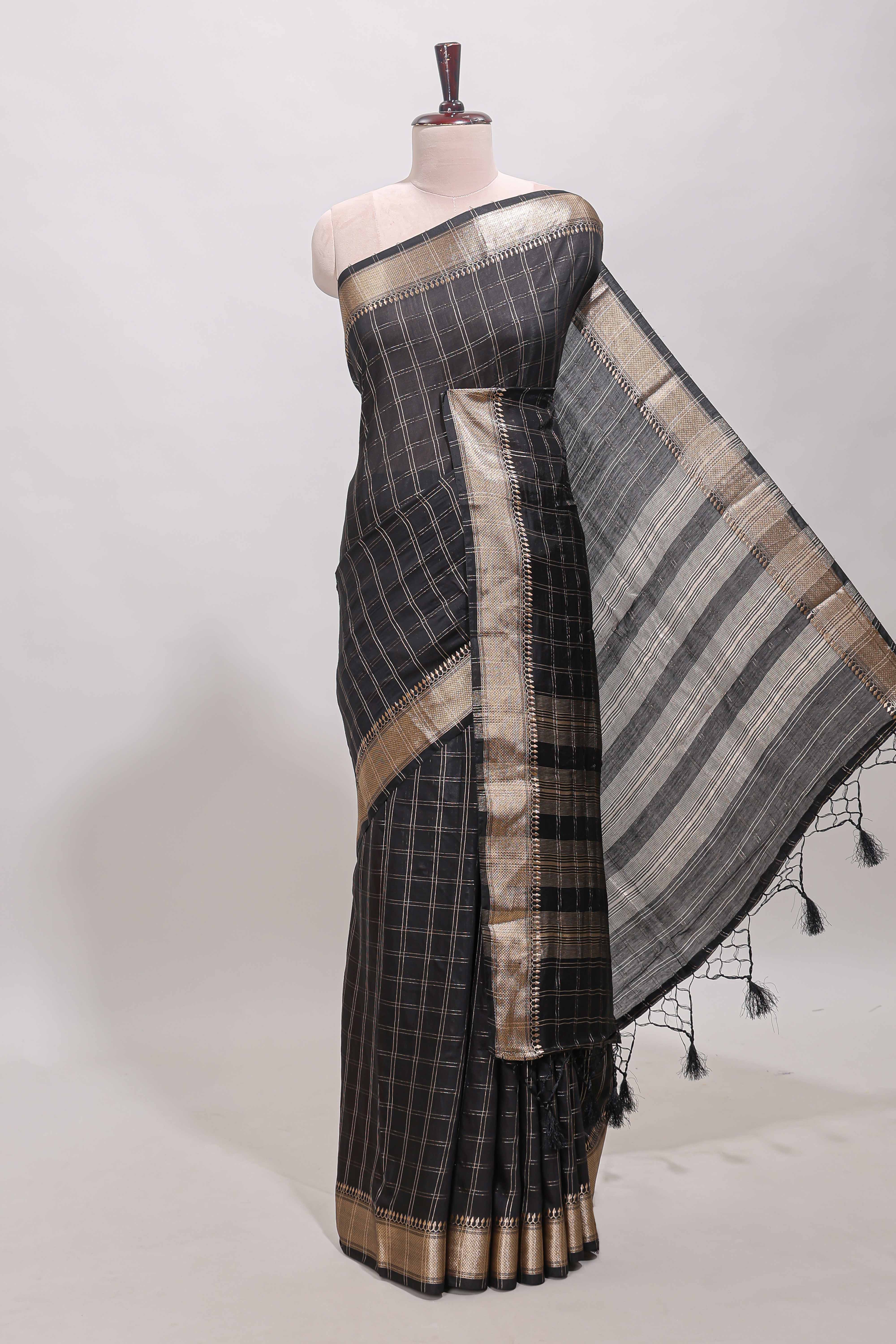 Black checked semi banaras chiffon saree with self zari border and contrast blouse