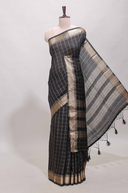Black checked semi banaras chiffon saree with self zari border and contrast blouse
