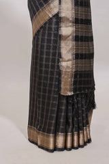 Black checked semi banaras chiffon saree with self zari border and contrast blouse
