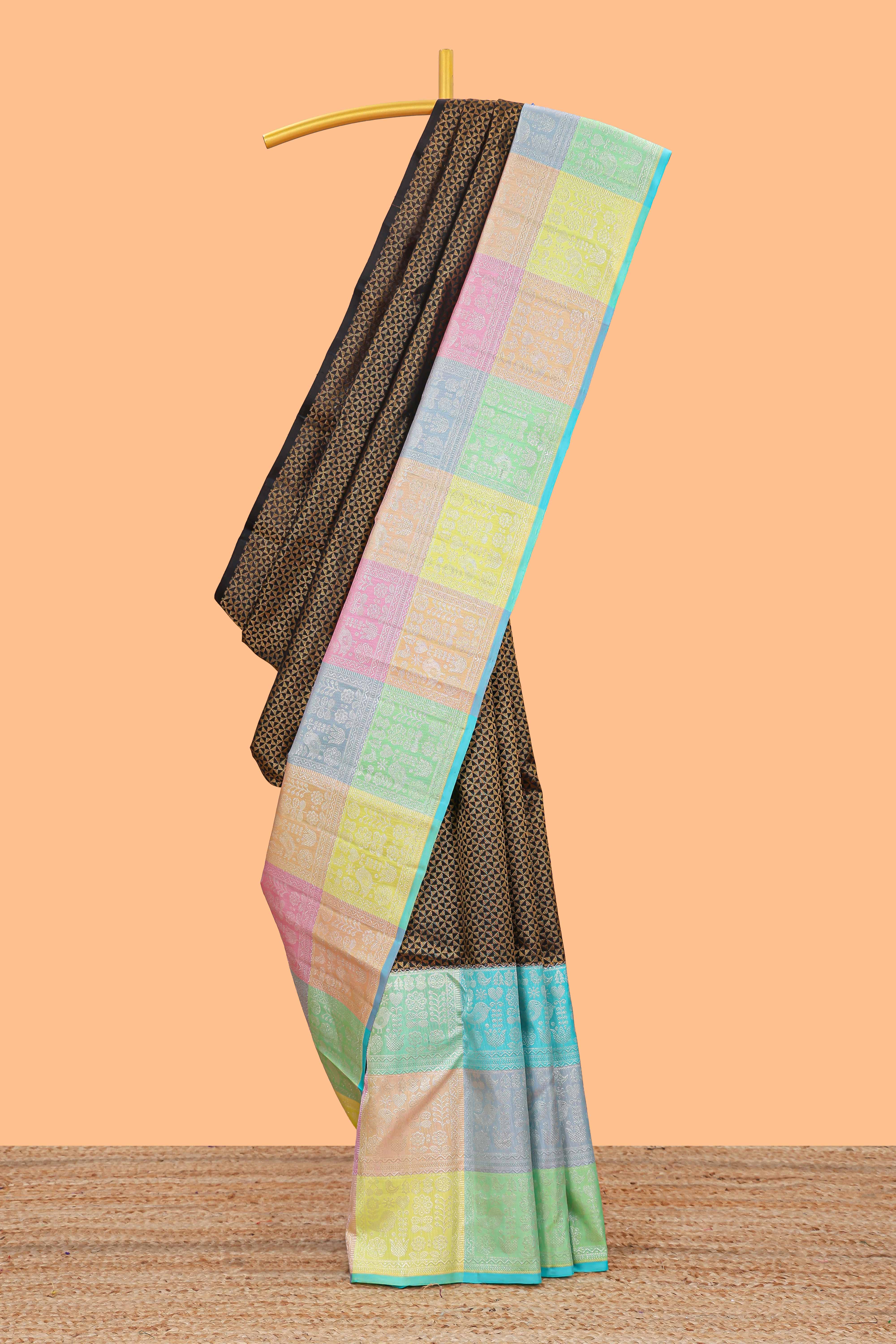 Black jacquard design swayamvara pattu saree with contrast multi color zari border and pallu