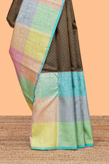 Black jacquard design swayamvara pattu saree with contrast multi color zari border and pallu
