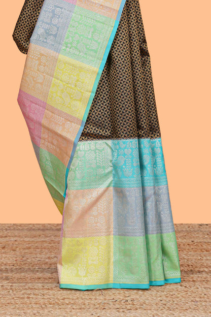 Black jacquard design swayamvara pattu saree with contrast multi color zari border and pallu