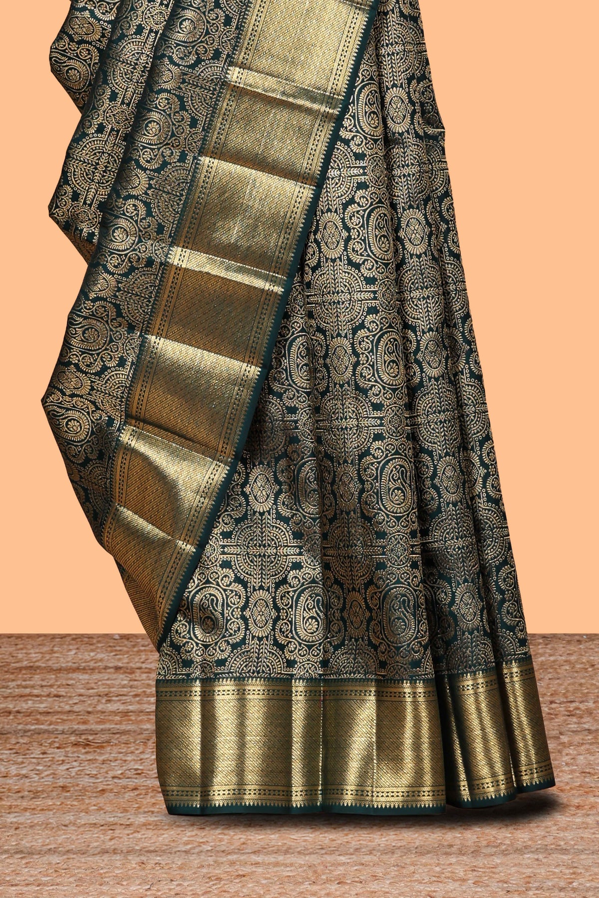 Green unique zari design swayamvara pattu saree with self zari border and matching blouse