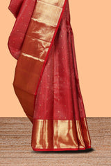 Red checked motifs zari design swayamvara pattu saree with self zari border and matching blouse