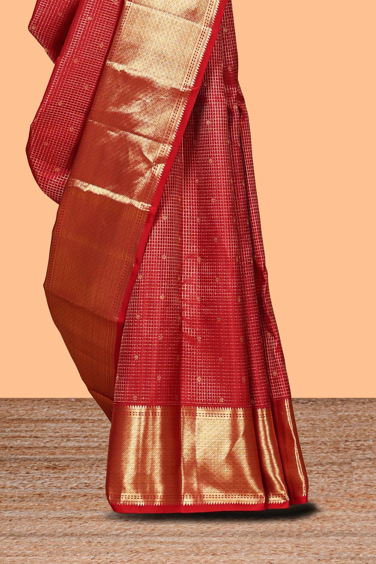 Red checked motifs zari design swayamvara pattu saree with self zari border and matching blouse