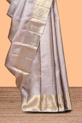Grey checks zari design swayamvara pattu saree with self zari border and matching blouse