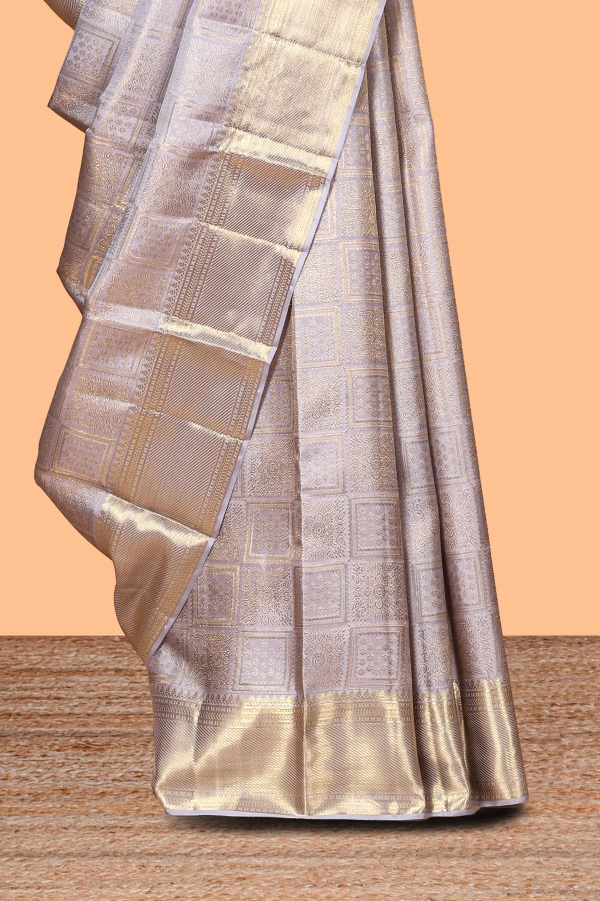 Grey checks zari design swayamvara pattu saree with self zari border and matching blouse