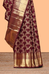 Maroon floral vine zari design swayamvara pattu saree with self zari border and matching blouse
