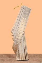 Beige unique bird zari design swayamvara pattu saree with self zari border and matching blouse