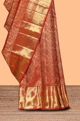 Rust red unique zari design swayamvara pattu saree with self zari border and matching blouse