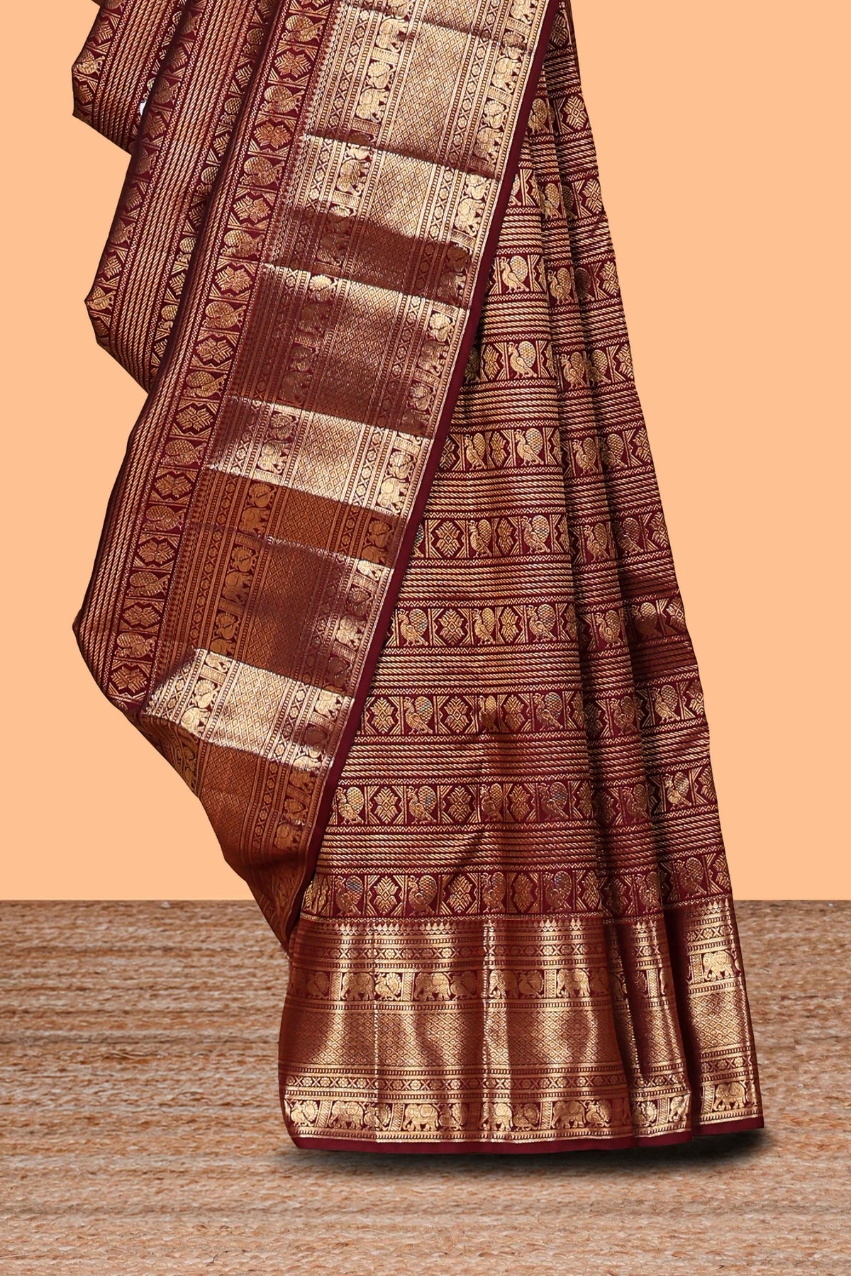 Maroon striped bird zari design swayamvara pattu saree with self zari border and matching blouse