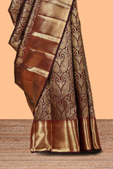 Dark maroon unique zari design swayamvara pattu saree with self zari border and matching blouse