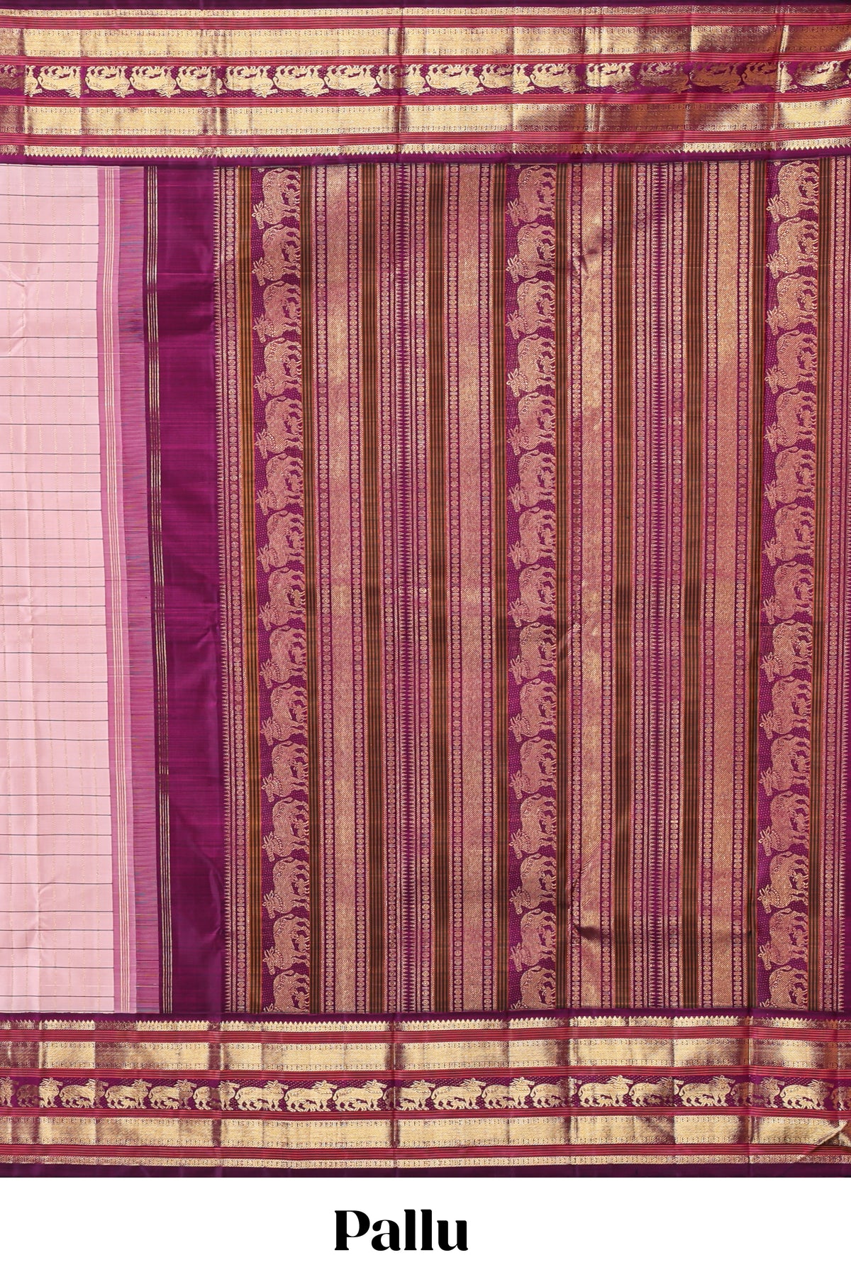 Baby pink checked zari design swayamvara pattu saree with contrast zari border and blouse