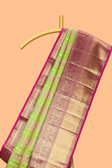 Green checked zari motifs design swayamvara pattu saree with contrast zari border and blouse