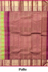 Green checked zari motifs design swayamvara pattu saree with contrast zari border and blouse