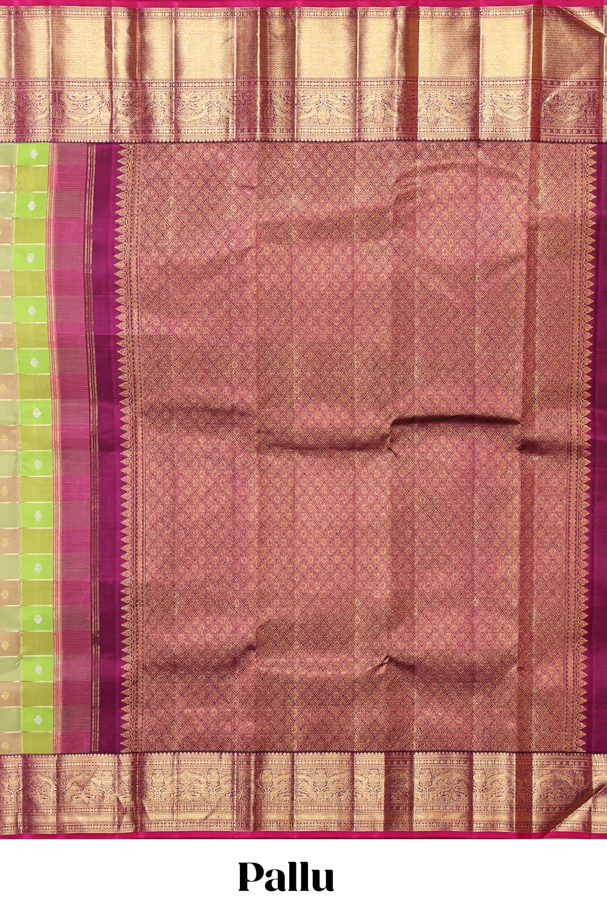 Green checked zari motifs design swayamvara pattu saree with contrast zari border and blouse