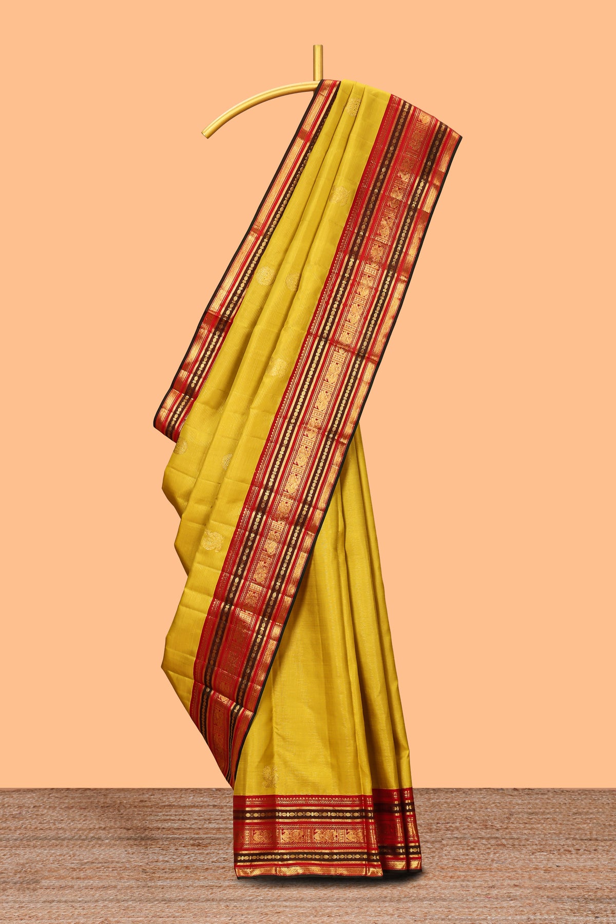 Mustard yellow bird motifs zari design swayamvara pattu saree with contrast border and blouse