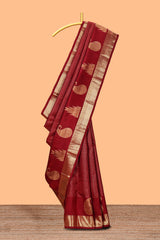 Maroon checked motifs zari design swayamvara pattu saree with self zari border and matching blouse