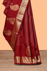 Maroon checked motifs zari design swayamvara pattu saree with self zari border and matching blouse
